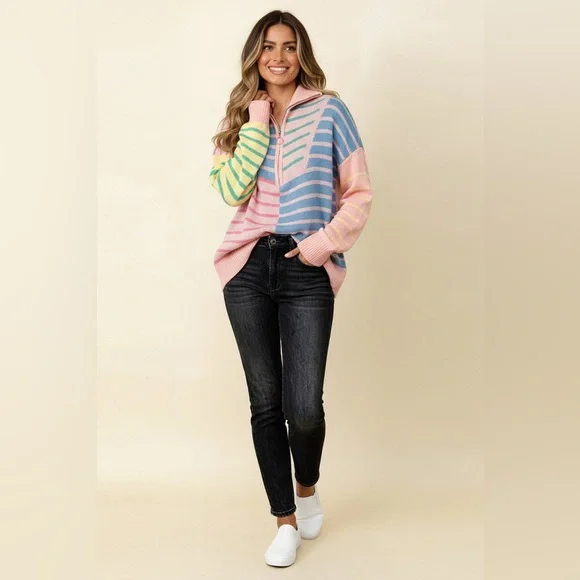 Pink blue stripe half zip contrast western print pullover sweatshirt tunic top - Picture 8 of 8